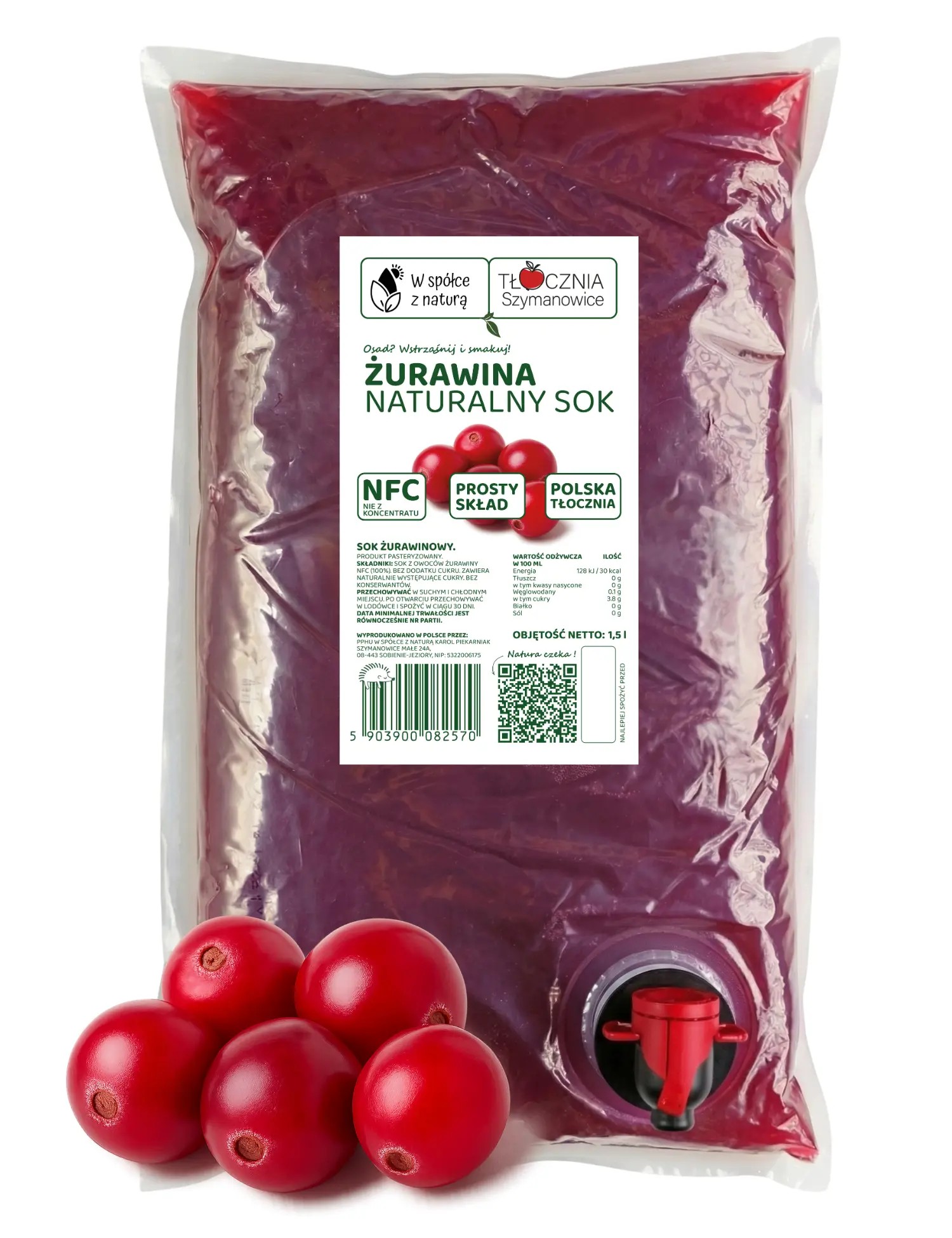 Sok z Żurawiny Tłoczony 1,5 l NFC 100% Bez Dodatków